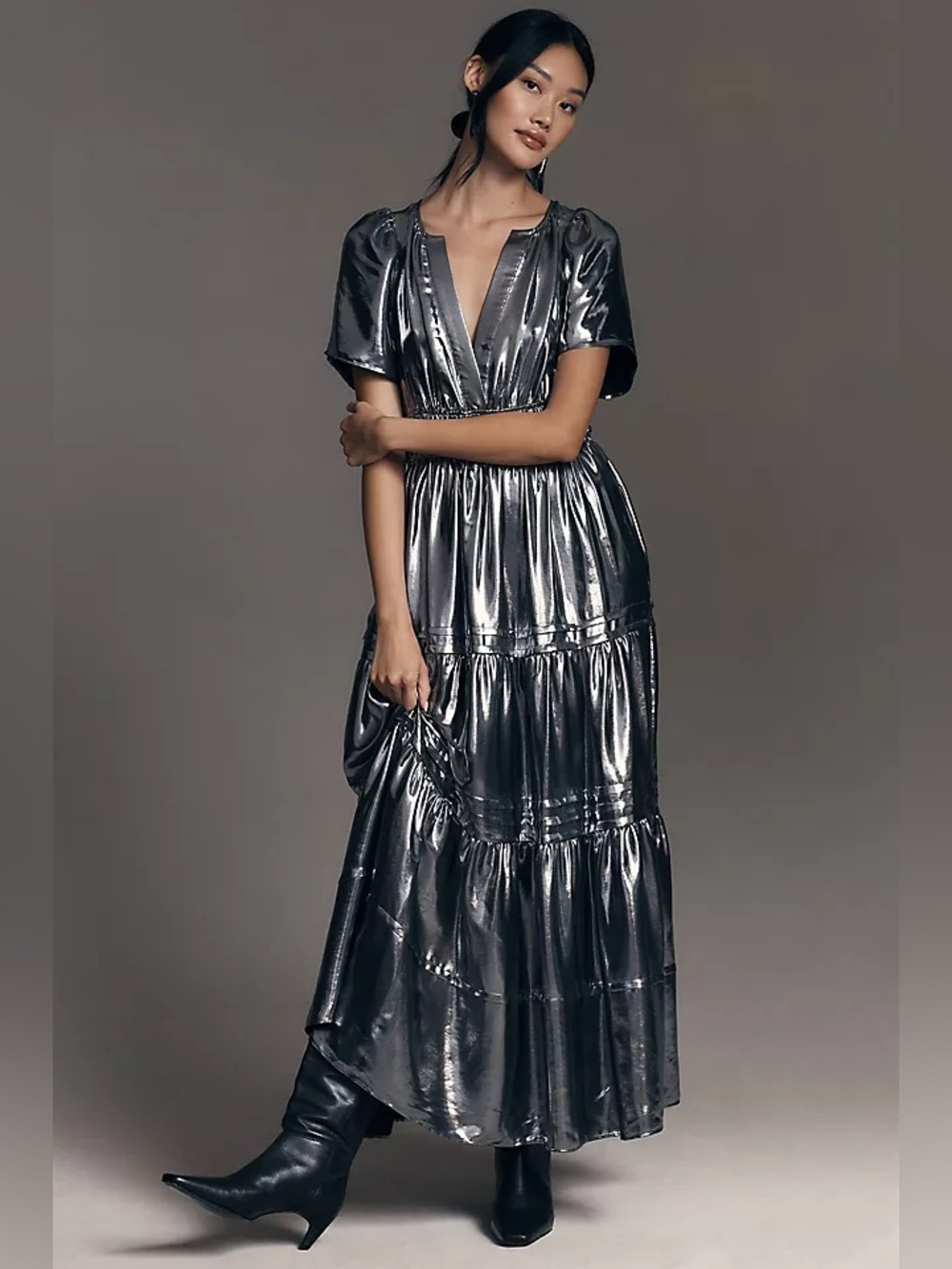 Anthropologie The Somerset Maxi Dress Metallic Shine Carbon Silver Small
